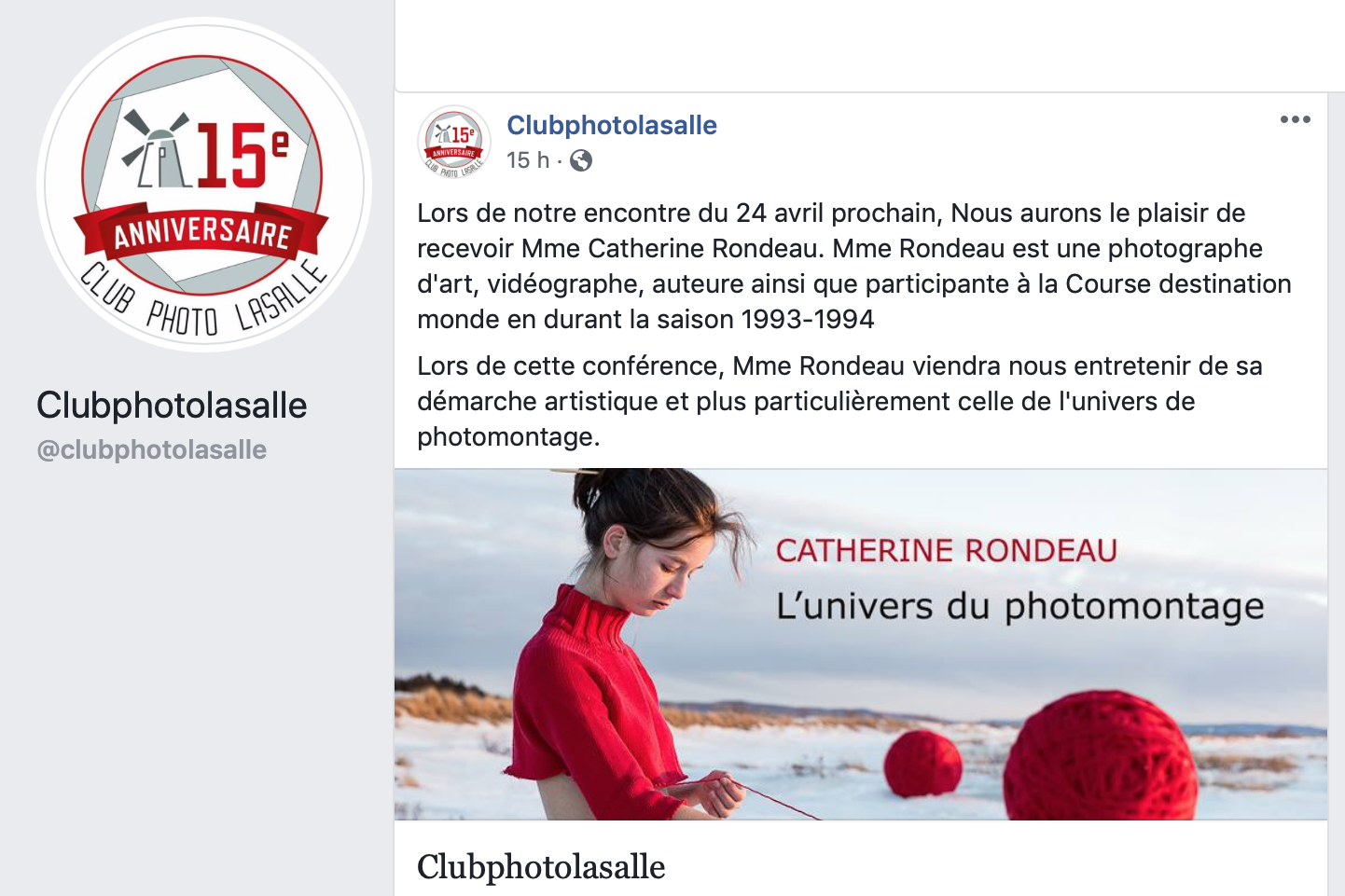saisie d'écran d'une publication Facebook à propos d'une conférence de l'artiste photographe Catherine Rondeau