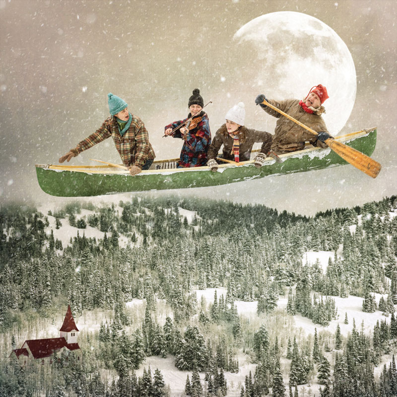 four people flying in a bewitched canoe above the pine tree line