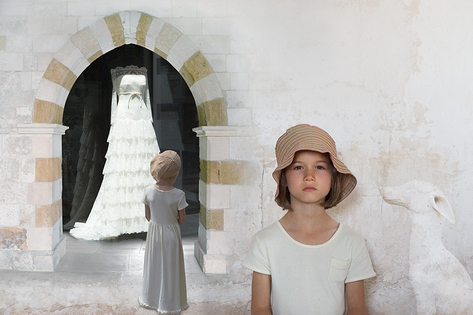 Photo montage of a child looking at the camera and behind her at a wedding dress