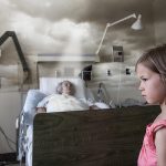 Photo montage of a child standing near her grand-mother in a hospital bed