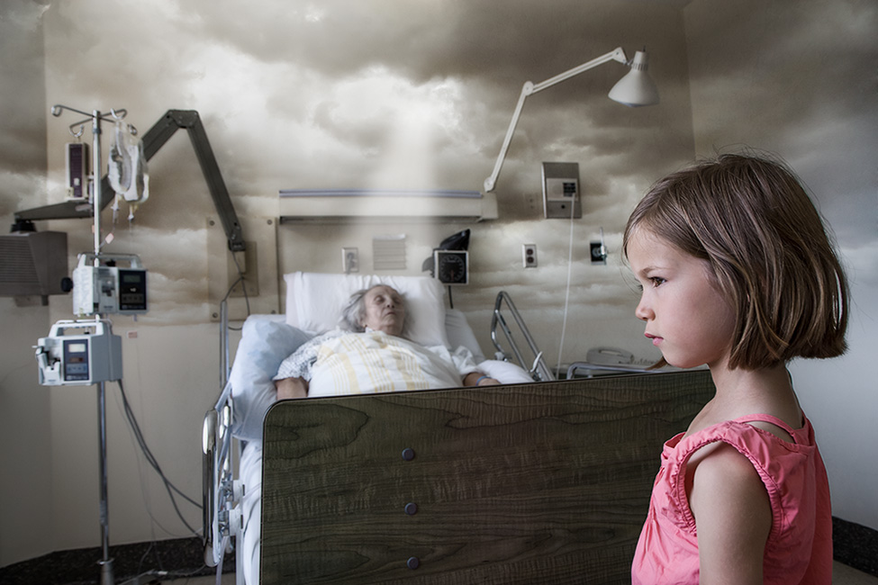 Photo montage of a child standing near her grand-mother in a hospital bed