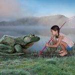 Photo montage of a child hunting for a giant frog