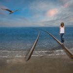 Photo montage of a child walking on a railway track floating on the ocean