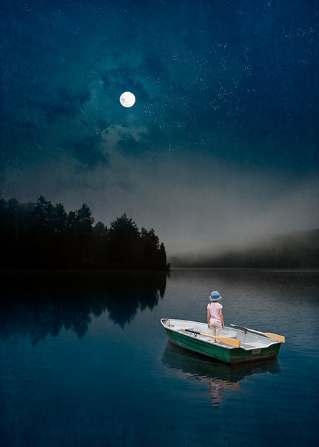 Photo montage of a child standing in a boat under a full moon