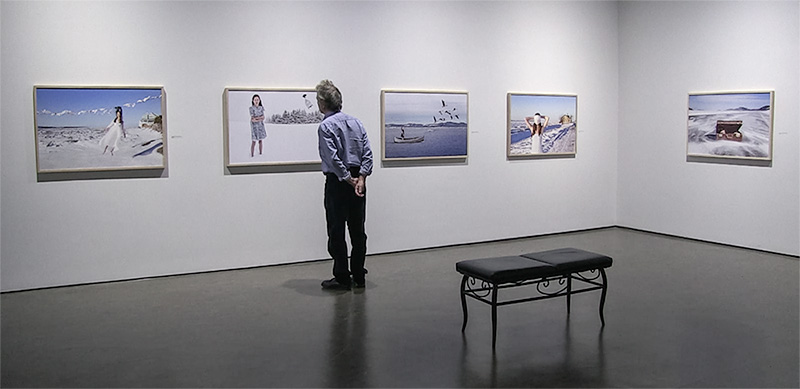 vue-exposition-voart-abitibi-catherine-rondeau-traversee-boreale-2020 dans une salle d'exposition un homme de dos regarde une des photographies accrochées au mur