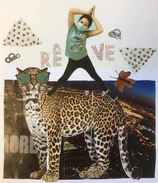 Photo-collage surréaliste d'une fillette qui se tient sur le dos d'un léopard