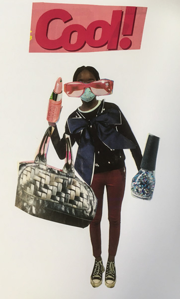 Photo-collage surréaliste d'une fille qui tient plusieurs objets de mode avec le mot Cool en grosses lettres en haut