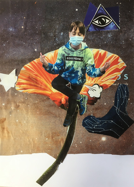 Photo-collage surréaliste d'un garçon qui médite dans une fleur