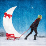 photomontage d&#039;une fillette tirant la lune dans son traineau