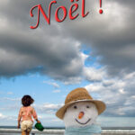photomontage d&#039;un bonhomme de neige sur une plage