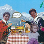 photo-collage d&#039;une famille mangeant de la fondue devant des montagnes
