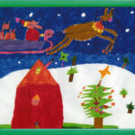 dessin d&#039;enfant du traineau du Père-Noël volant au-dessus d&#039;une maison dans son traineau