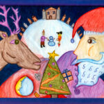 dessin d&#039;enfant du père noël, d&#039;un renne et d&#039;un village