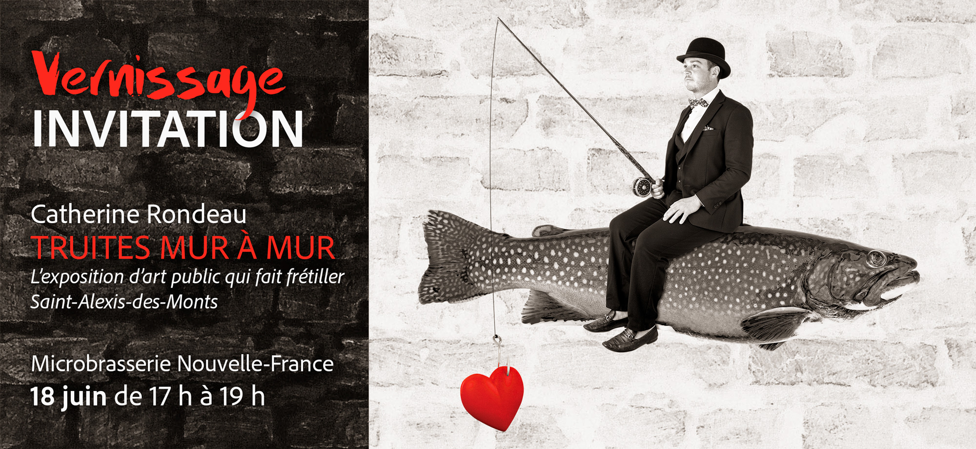 invitation-vernissage-expo-truites-mur-a-mur-2025 Carton d'invitation à un vernissage montrant un homme assit sur une truite en train de pêcher.
