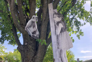 photo d'un singe dans un arbre devant une fillette dans une échelle